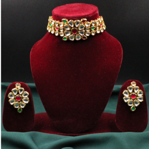 Gold Plated Red & Green Meenakari Kundan Choker Necklace Set
