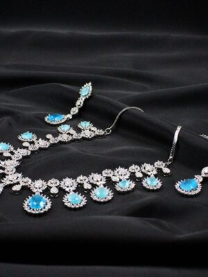 Rhodium Plated Blue Synthetic Stone Zircon Short Necklace Set