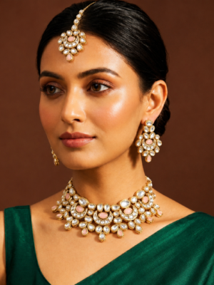 Gold Plated Pink Meenakari Kundan Heavy Choker Necklace Set
