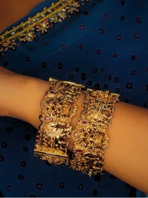 Gold-Plated Goddess Laxmi Temple Kada Bangles, Set of 2
