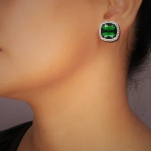 Rhodium-Plated AD Green Synthetic Stone Stud Earrings