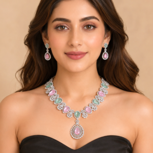 Rhodium Plated Zircon Pendant Short Necklace Set