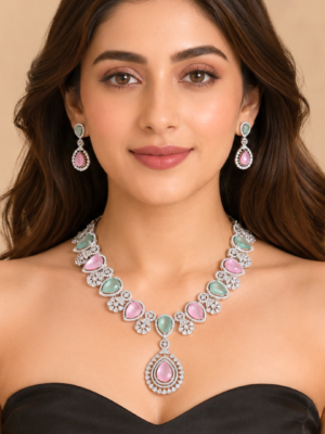 Rhodium Plated Zircon Pendant Short Necklace Set