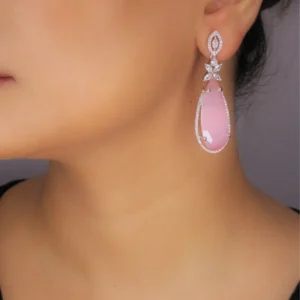 Rhodium Plated Zircon Pink Synthetic Stone Dangler Earrings
