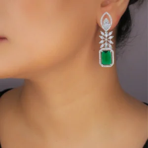 Rhodium Plated Zircon Green Synthetic Stone Drop Earrings
