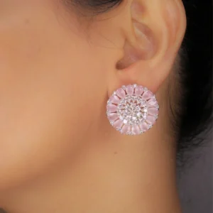Rhodium Plated Pink Synthetic Stone Zircon Stud Earrings
