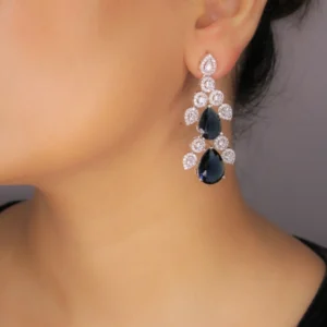 Rhodium Plated Blue Synthetic Stone Zircon Drop Earrings