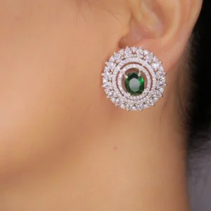 Rhodium Plated Emerald Green Synthetic Stone Zircon Stud Earrings