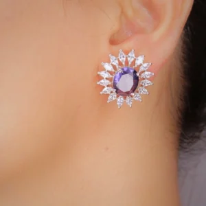 Rhodium Plated Dark Blue Synthetic Stone Zircon Stud Earrings