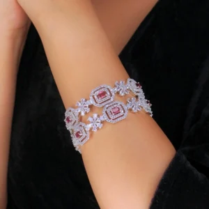 Rhodium Plated Red Onyx Stone Zircon Slide Bangles, Set of 2