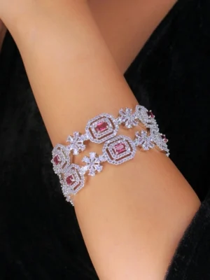 Rhodium Plated Red Onyx Stone Zircon Slide Bangles, Set of 2