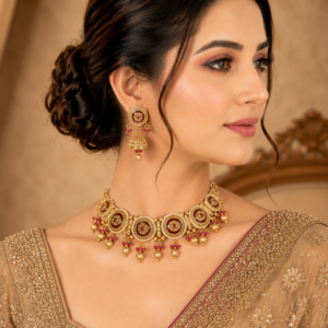 Gold Plated Maroon Meenakari Traditional Rajwadi Choker Necklace Set