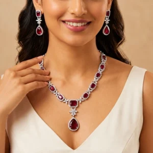 Rhodium Plated Ruby Zircon Necklace Set