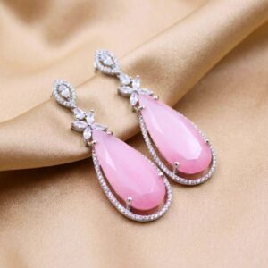 Rhodium Plated Zircon Pink Synthetic Stone Dangler Earrings