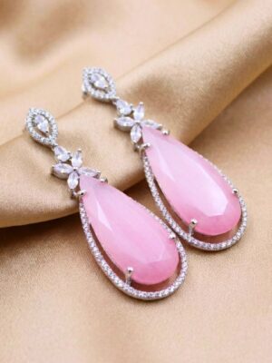 Rhodium Plated Zircon Pink Synthetic Stone Dangler Earrings