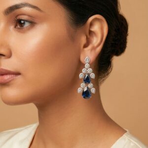 Rhodium Plated Blue Zircon Drop Earrings