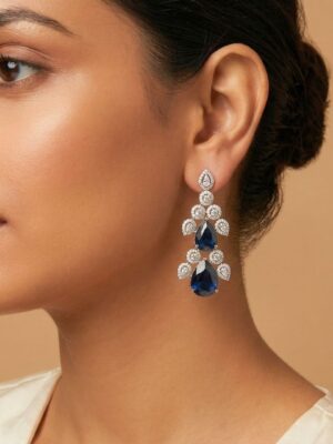 Rhodium Plated Blue Zircon Drop Earrings