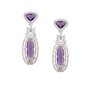 Rhodium Plated Purple Stone Zircon Studded Dangler Earrings