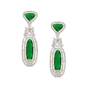 Rhodium Plated Green Stone Zircon Studded Dangler Earrings