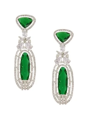 Rhodium Plated Green Stone Zircon Studded Dangler Earrings