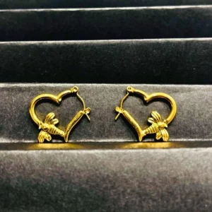 Gold-Plated Heart with Honeybee Design Hoop Earrings
