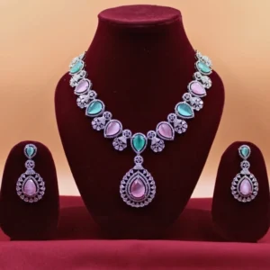Rhodium Plated Synthetic Stone Zircon Pendant Short Necklace Set