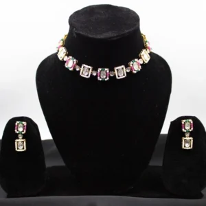 Gold Plated Multi Colour Beads Moissanite Kundan Choker Necklace Set