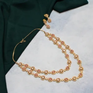 Gold Plated Pink Onyx Moissanite Kundan Layered Long Necklace Set