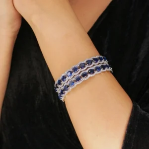 Rhodium Plated Blue Synthetic Stone Zircon Slide Bangles, Set of 2