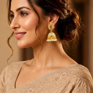 Gold Plated Synthetic Stone Rajwadi Traditional Jhumka Earrings