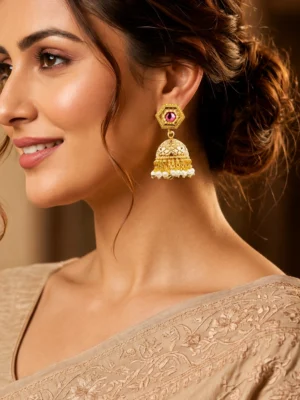 ankkshmi earrings dangler for women Gold Plated Synthetic Stone Rajwadi Traditional Jhumka Earrings