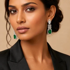 Rhodium Plated Zircon Green Synthetic Stone Drop Earrings