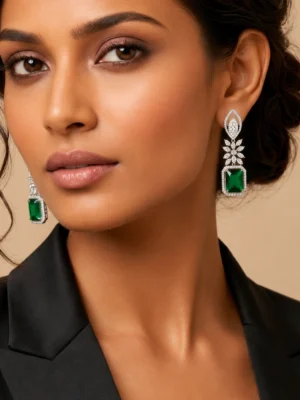 Rhodium Plated Zircon Green Synthetic Stone Drop Earrings