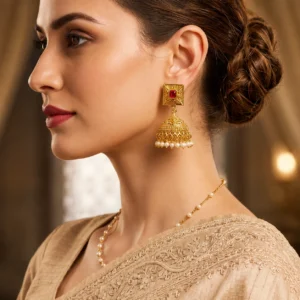 Gold Plated Synthetic Stone Rajwadi Traditional Jhumka Earrings