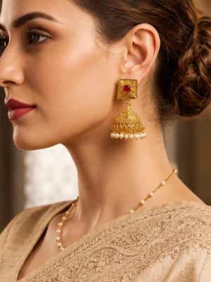 Gold Plated Synthetic Stone Rajwadi Traditional Jhumka Earrings