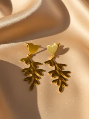 Heart Stud with Dangling Leaf Anti-Tarnish Earrings Heart Stud with Dangling Leaf Anti-Tarnish Earrings