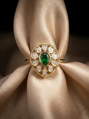 green polki ring Saanj Green Moissanite Kundan Almond Shaped Adjustable Ring