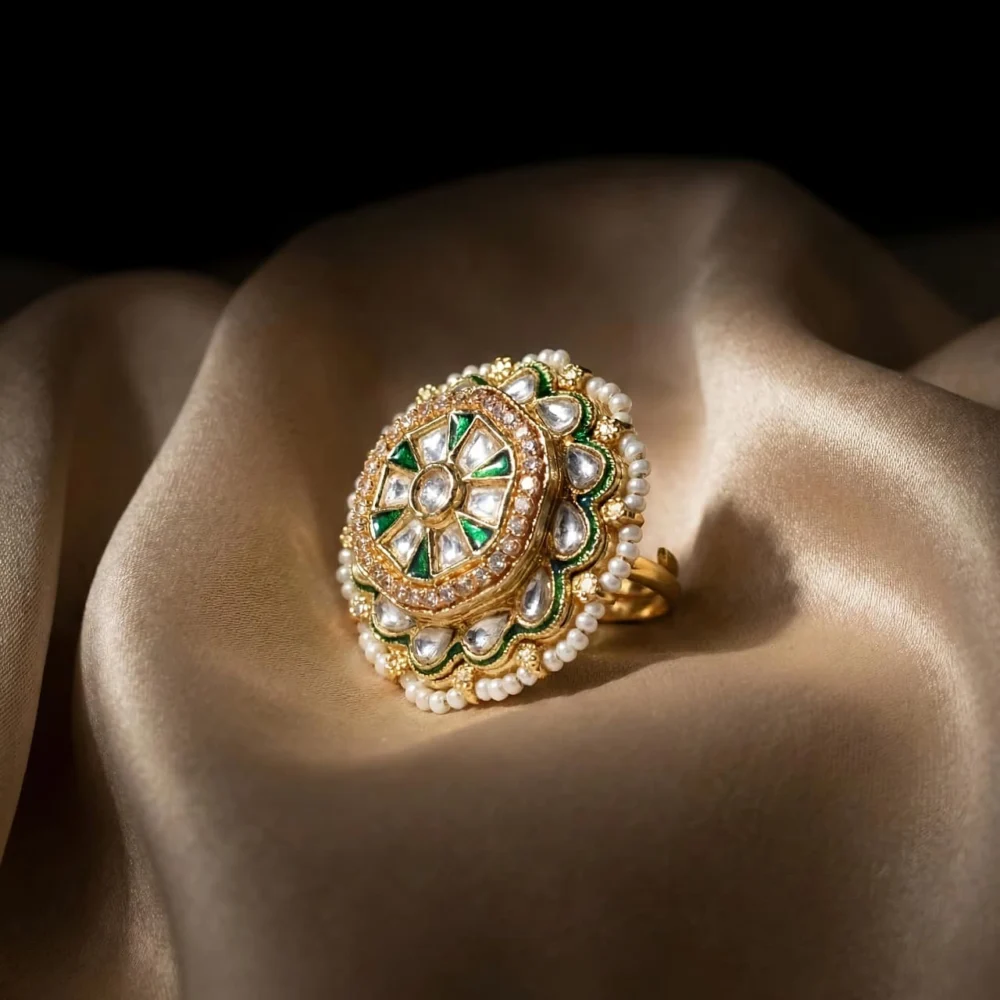 Saanj Meenakari Kundan Moissanite Polki Rajwadi Adjustable Ring in 18K Gold Plating