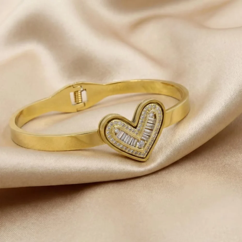 AD Crystal Studded Heart Design Openable Kada for Women – Elegant Gold Finish Wristwear by ANKKSHMI