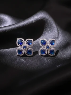 Blue Stone AD Flower Stud Earrings