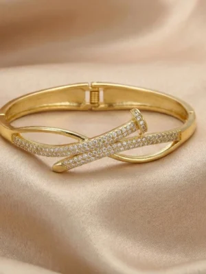 Criss Cross AD Studded Openable Kada for Women – Gold Plated Stainless Steel Wristwear by ANKKSHMI