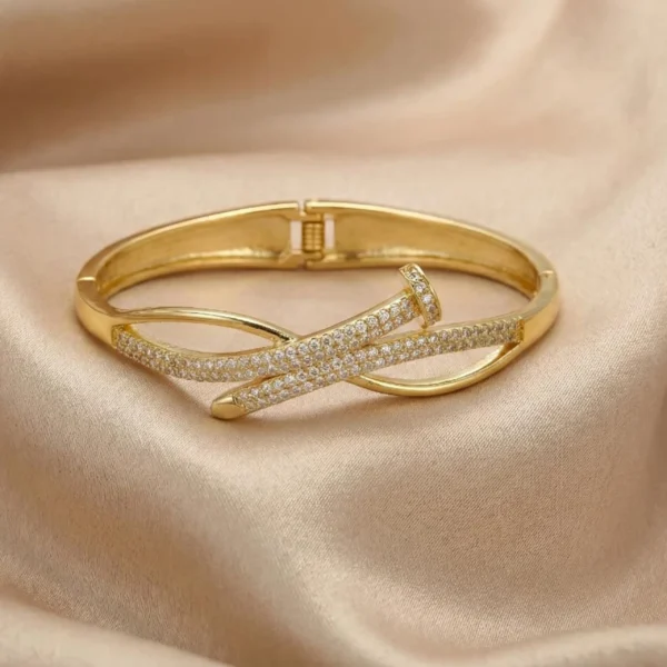 Criss Cross AD Studded Openable Kada for Women – Gold Plated Stainless Steel Wristwear by ANKKSHMI