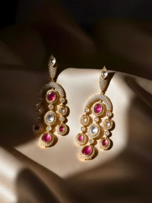 Saanj Moissanite Kundan Red Stone Danglers