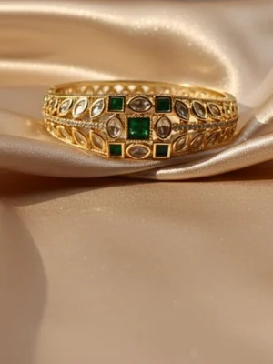 Saanj Moissanite Kundan CZ Green Stone Openable Kada