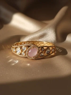 Saanj Kundan with CZ Studded Pink Stone Openable Kada
