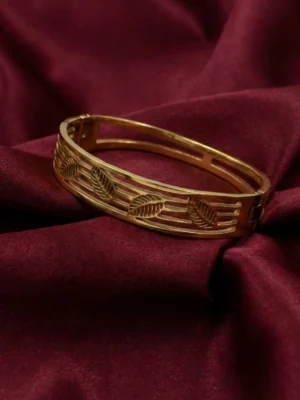 Leaf Design Statement Kada for Women – Gold Plated Stainless Steel Wristwear by ANKKSHMI