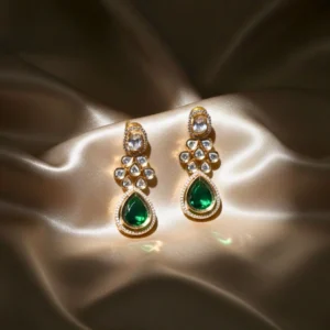 Moissanite Kundan Emerald Green Dangler Earrings