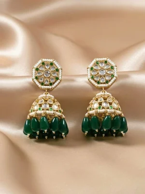 Moissanite Polki Green Beads Jhumkas Saanj Moissanite Polki Green Beads Jhumkas