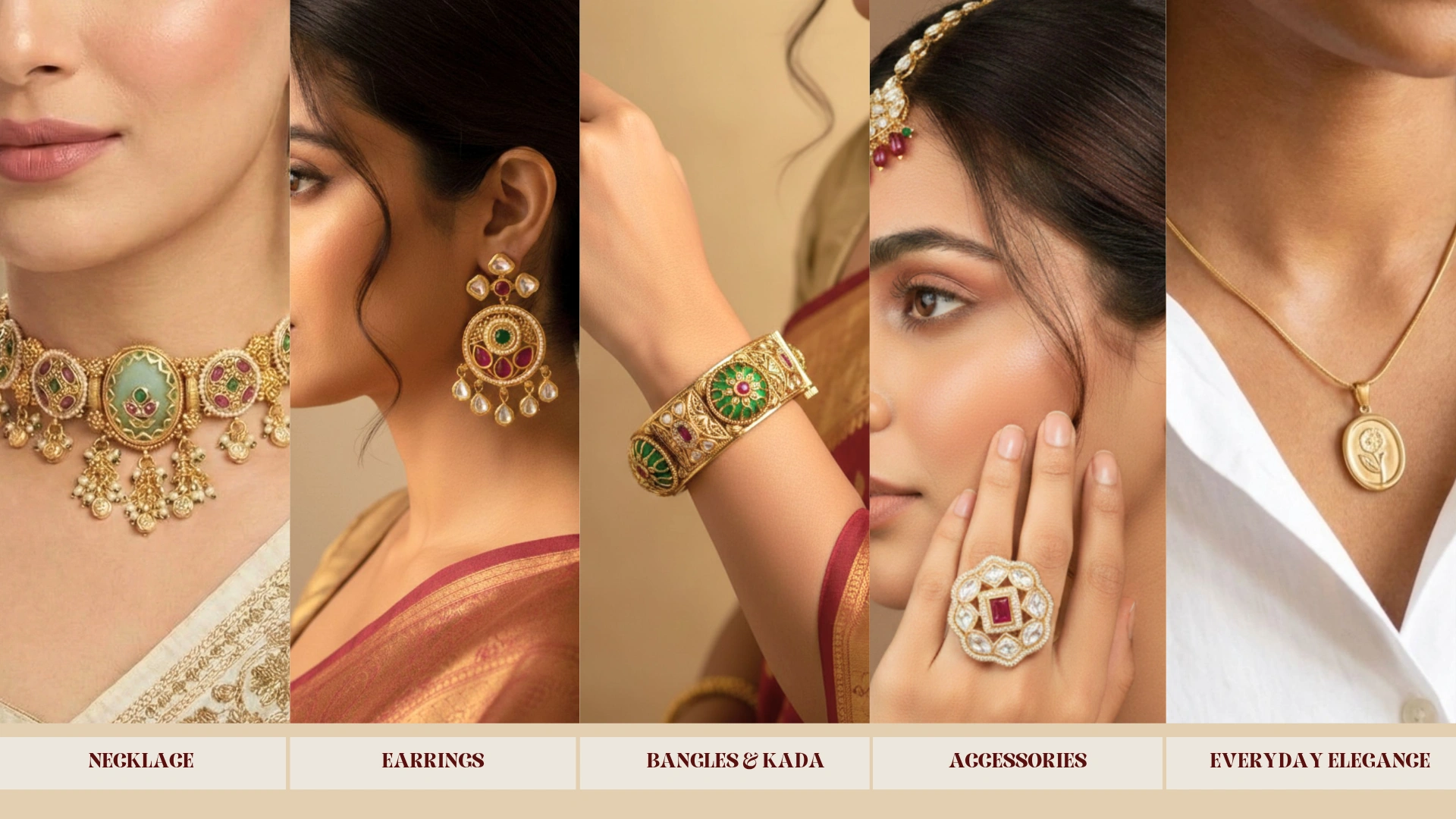 Luxury jewellery collection collage featuring elegant necklace sets, statement earrings, bangles, rings, and everyday elegance jewellery styled on modern women in warm editorial fashion aesthetics representing premium imitation jewellery by ANKKSHMI.