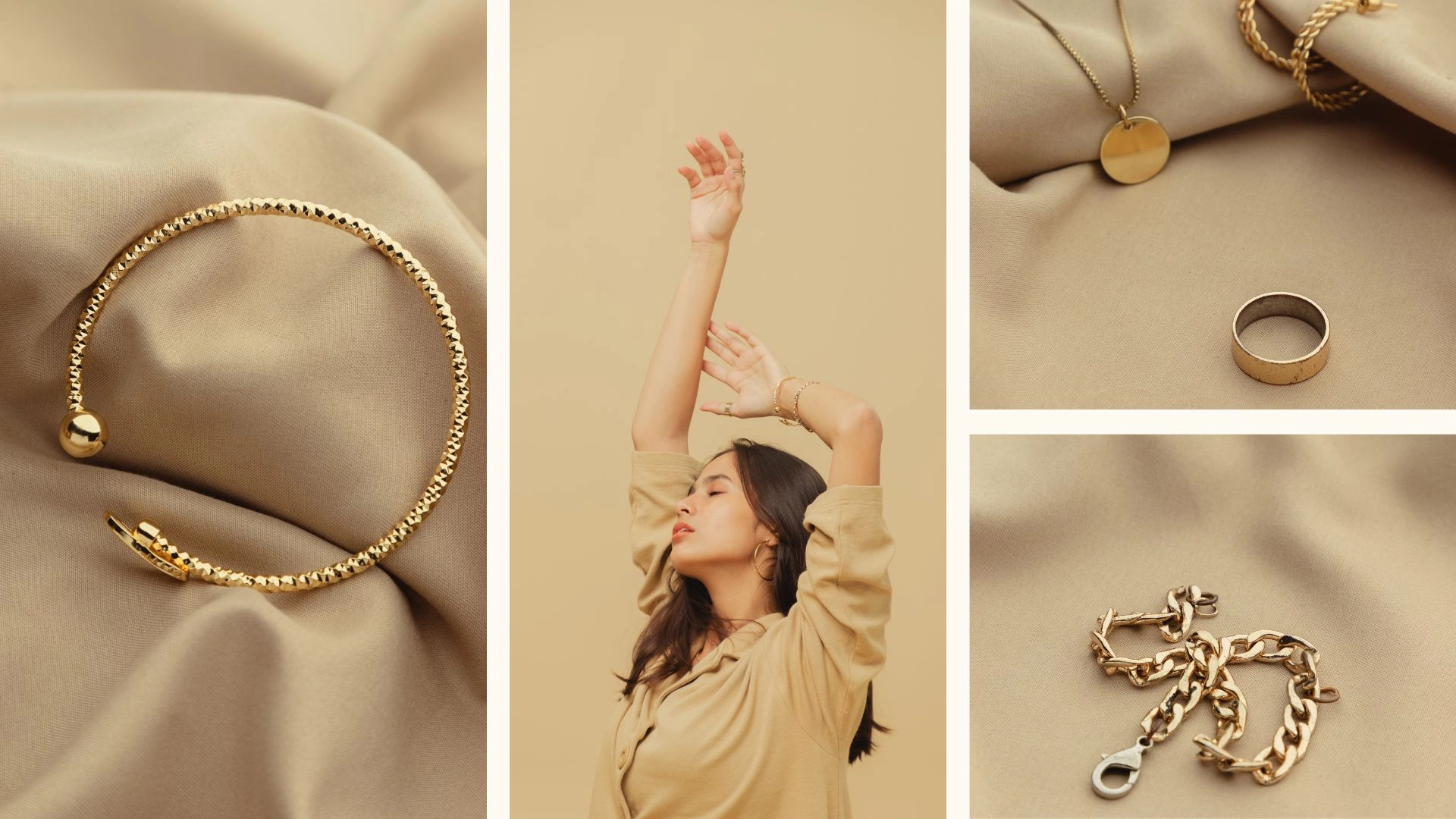 Elegant collage featuring minimal gold jewellery including bracelet, necklace, ring, and chain accessories styled with a modern woman against soft beige luxury backgrounds representing everyday elegance jewellery by ANKKSHMI.